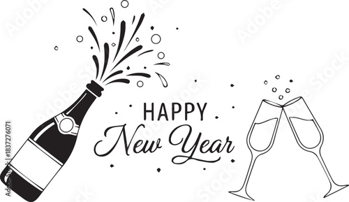 New Year's Celebration: A festive illustration of a champagne bottle popping, accompanied by clinking champagne glasses and the words Happy New Year, evokes the joy and anticipation of new beginnings.