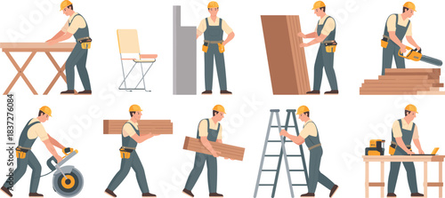 Construction worker illustration, carpentry tasks, safety gear, wood cutting, ladder work, tool usage, job site activity, builder character poses