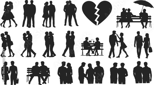 Couple silhouette collection, romantic poses, love icons, hugging, kissing, heartbreak, emotional connection, relationship design, black figure illustration