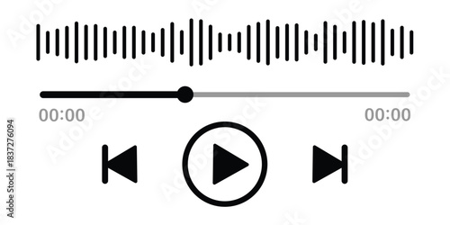 Audio or video player progress loading bar with time slider, play, rewind buttons. Simple template of media device playback panel interface. Minimalist web display. White light theme