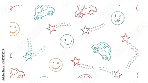 Playful Cartoon Pattern: Whimsical illustrations of cars, smiling faces and stars create a vibrant and cheerful design perfect for conveying a sense of fun and happiness.
