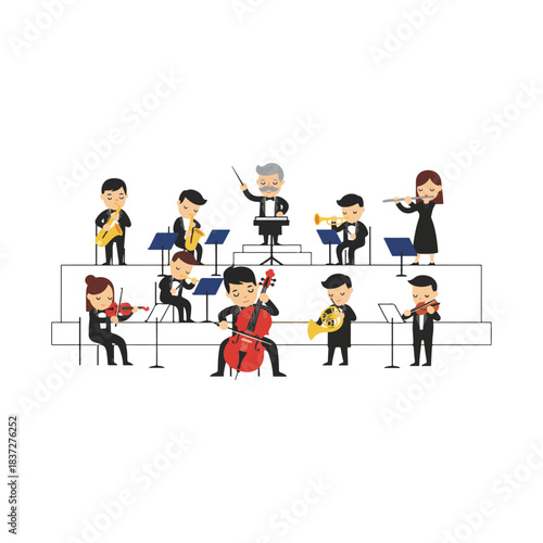 Symphony orchestra performing live, diverse musicians playing classical and modern instruments on stage