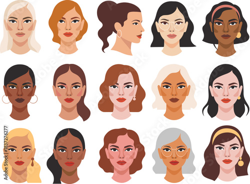 Diverse women portraits, multicultural female faces, colorful hairstyle illustration, ethnic beauty icons, fashion diversity, cartoon avatar grid, inclusive character design