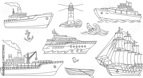 Marine ships and boats outline vector set with lighthouse sailing vessels waves and nautical elements line art