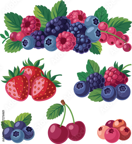 Mixed berries cartoon, fruit illustration, strawberry, blueberry, raspberry, cherry, currant, botanical food art, nutrition design, vibrant berry cluster