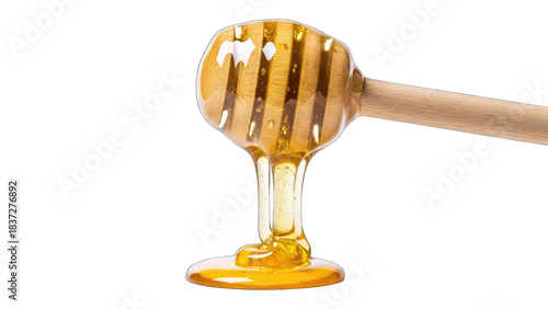 Honey Drizzling from Dipper on White Background
