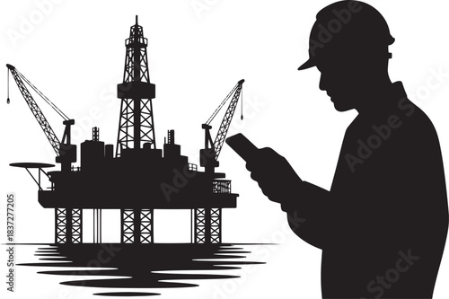 Silhouette of an oil rig worker using a smartphone with an offshore platform on water