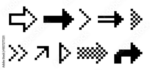 Pixel arrow icon set, pixelated arrows