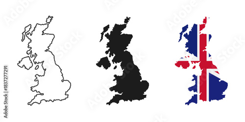 Britain map icon collection, Britain map sign vector set in outline, solid and nation flag style