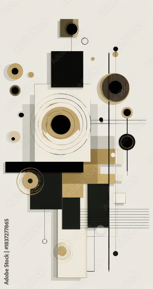 Obraz premium Abstract Geometric Harmony: An artistic composition of geometric shapes, blending squares, circles, and lines in a minimalist display, exploring balance and visual interest.