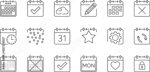Minimal calendar icons set for scheduling, planning, reminders, events, dates, settings, time management, tasks, check marks, holidays, monthly design