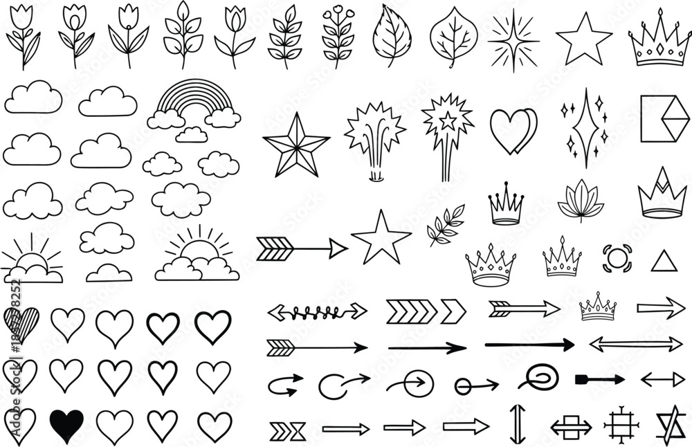 Fototapeta premium Collection of hand drawn doodle icons including hearts stars clouds rainbow and crowns