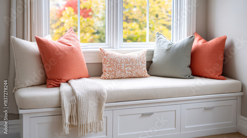 Cozy living room window seat with cushion and storage, perfect for relaxation and home organization