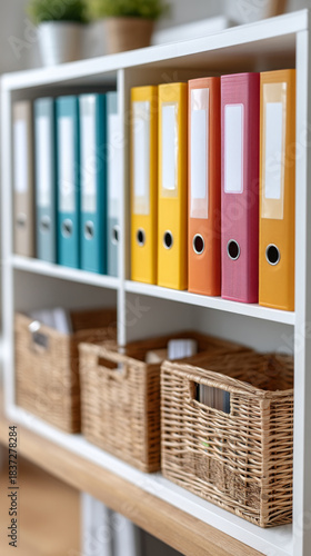 Efficient office workspace design with organized bookshelf and file storage solutions