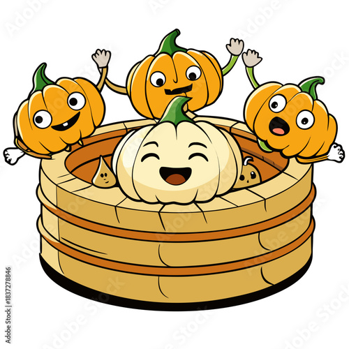 Pumpkin-shaped dumplings dancing in a spooky bamboo