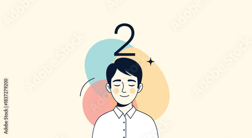 Young man with eyes closed and a serene expression, with abstract shapes and the number two above him.
