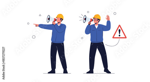 Illustration of two construction workers in hard hats, one pointing and speaking into a megaphone, the other holding a megaphone and showing a warning sign.