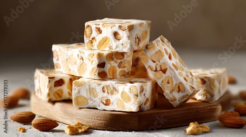 Stack of Nutty Nougat on Wooden Board nuts almonds