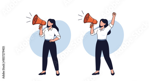Two women with megaphones, one with a fist raised in protest or celebration.