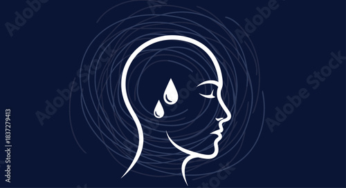 Conceptual illustration of a person's head with tears inside, symbolizing sadness, grief, or emotional distress.
