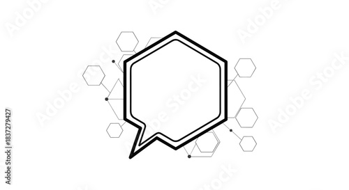 A hexagonal speech bubble with molecular network connections on a white background.