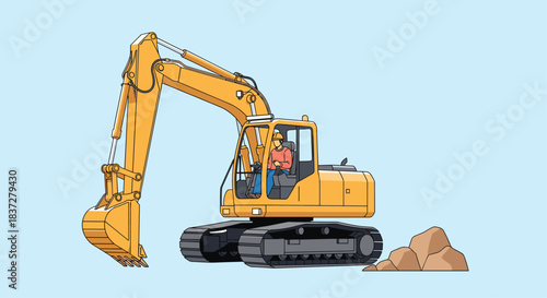Illustration of an excavator with a driver operating the machinery on a construction site.