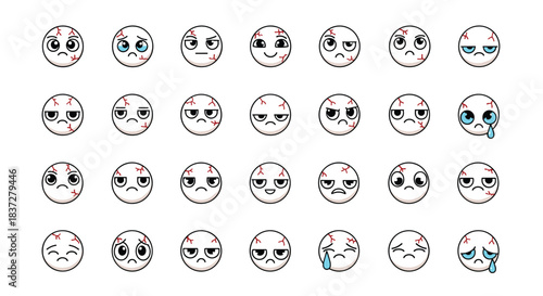 Collection of baseball emoticons displaying a variety of emotions and expressions.