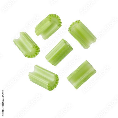 Fresh Celery Bunch PNG. Whole green celery vegetable stalks with leaves flying PNG. Organic raw healthy food for diet and detox juice. Crunchy salad ingredient cutout isolated