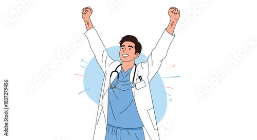 Doctor celebrating with arms raised in triumph and a stethoscope around his neck.