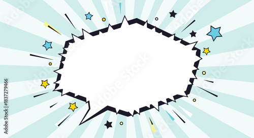 Comic book style speech bubble with stars and rays on a light blue background.