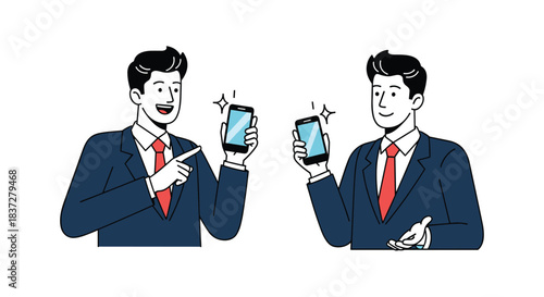 Two businessmen in suits holding smartphones and pointing, suggesting a comparison or presentation.