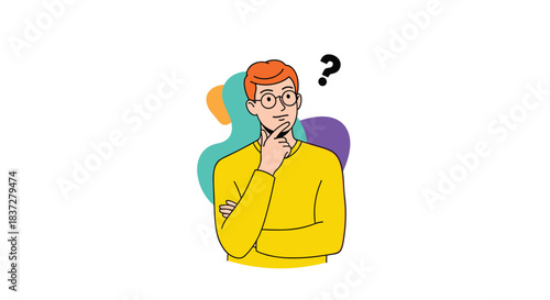 A thoughtful young man with red hair and glasses ponders a question, indicated by a question mark above his head.