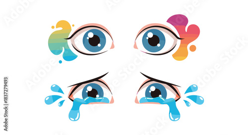 Cartoon eyes showing both happiness and sadness with colorful splashes and tears.