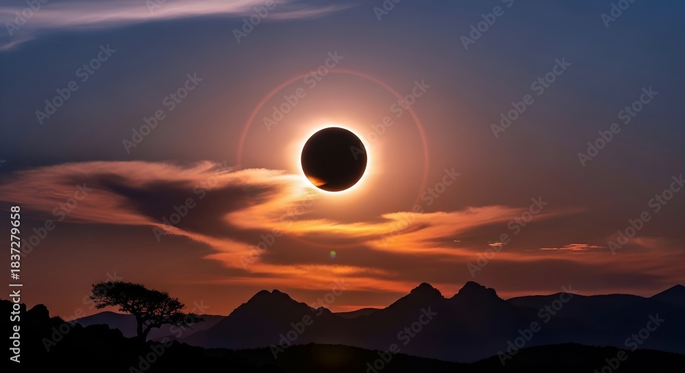 Fototapeta premium Solar eclipse over mountains silhouette at sunset.