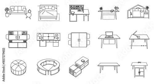 diverse line art furniture icons beds desks sofas for interior design blueprints and architectural layouts.