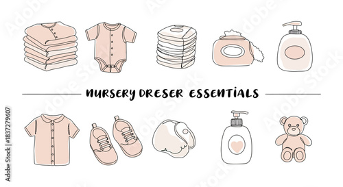 minimalist line art illustration featuring essential baby care items for a nursery dresser ideal for new parent guides and product promotions