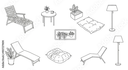 home decor and furniture line art collection lounge chairs potted plants floor cushions lamps and table.