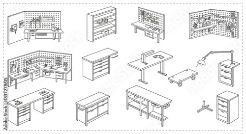 isometric line art featuring workshop furniture storage and pegboard organization for studio layouts and diy projects.