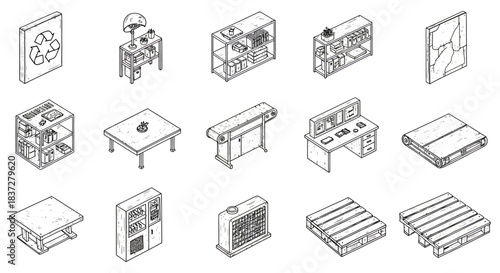 isometric line art icons of industrial office storage equipment for factory warehouse logistics and game ui design.