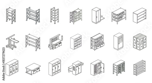 isometric line art icons of various industrial and office storage solutions showcasing shelves lockers cabinets and workbenches.