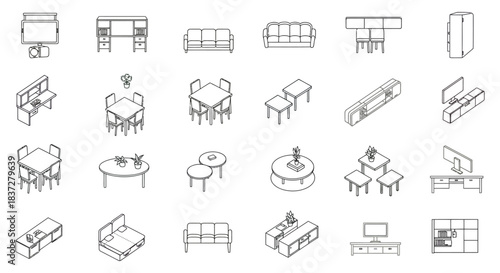 isometric outline furniture and home interior icons featuring modern pieces for architectural plans web design and digital apps.