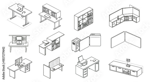 isometric office furniture line art icons featuring desks storage units and partitions for business workspace planning.