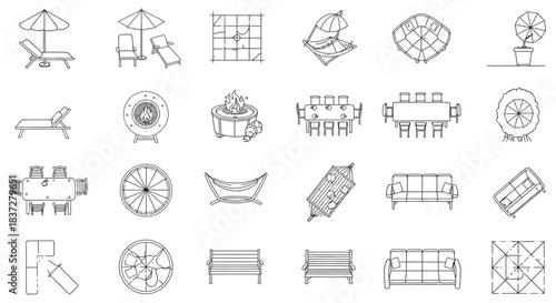 line art icons of outdoor furniture sun loungers hammocks dining sets fire pits benches for backyard and patio design.