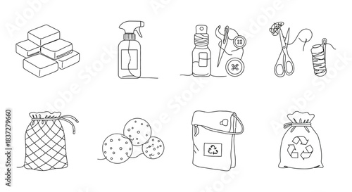 minimalist line art collection showcasing eco-friendly zero waste products for sustainable living featuring reusable bags solid soap bars mending kits and wool dryer balls promoting green households.