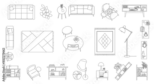minimalist line art collection of furniture and home decor elements for modern interior design and architectural floor plans