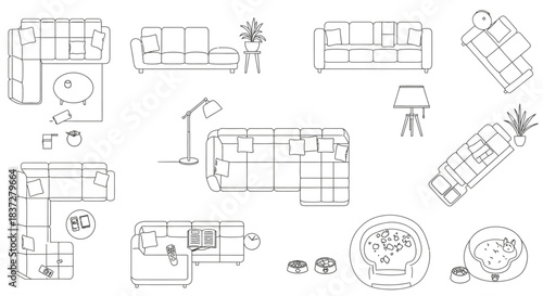 minimalist line art collection of diverse top view furniture layouts featuring sectional sofas lamps and pet items for interior design planning.