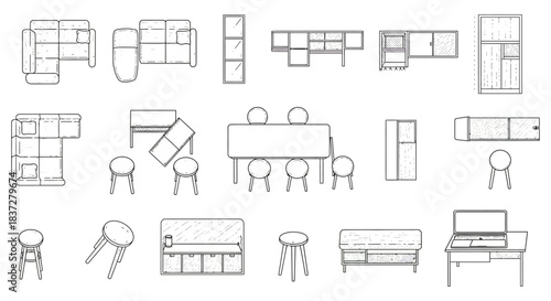 minimalist line art furniture set top view layout of home items sofas tables storage for architectural design.