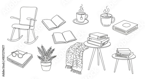 minimalist line art drawing of cozy reading elements books rocking chair tea and plants for a tranquil home lifestyle.