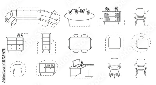 minimalist line art furniture illustrations for modern home and office interiors showcasing diverse sofas tables chairs and storage units perfect for architectural design projects.