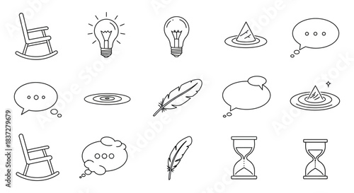 minimalist line art icons depicting abstract concepts like ideas time communication and contemplation for modern digital design.
